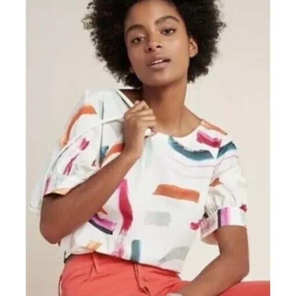 ANTHROPOLOGIE Aimee Clarke Art Brushstroke Button Back Puff Sleeve Top Womens XS - Picture 1 of 8